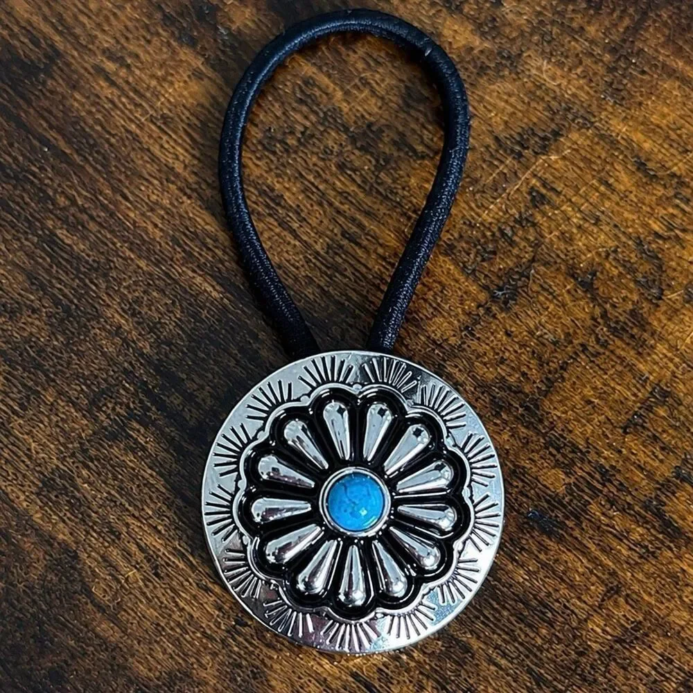 Men’s Western Concho Hair Tie Navajo Style Turquoise Blue Accent Stone